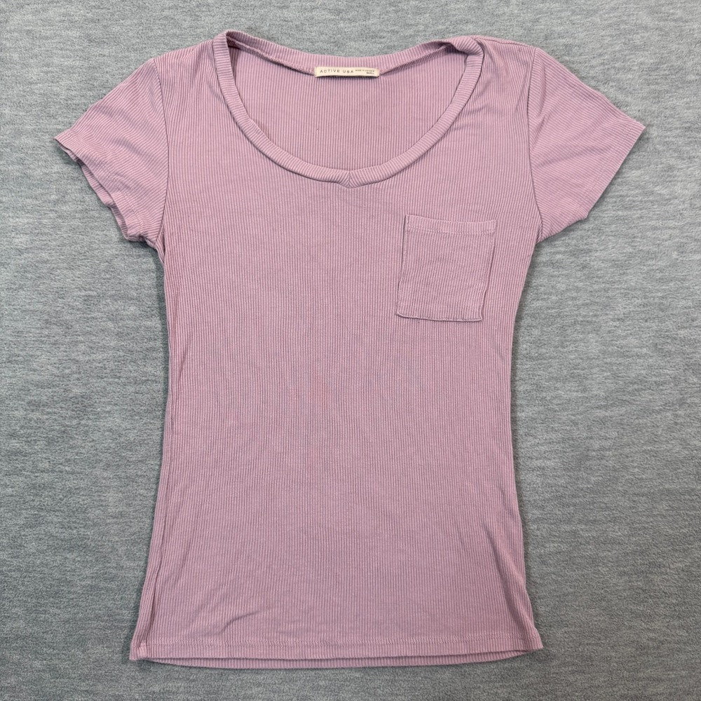 Active USA T-Shirt Women S Purple Ribbed Scoop Neck Short Sleeve Basic Tee